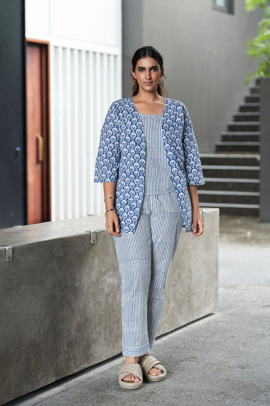 Blue and White Block Printed Cotton Top with Shrug and Pants